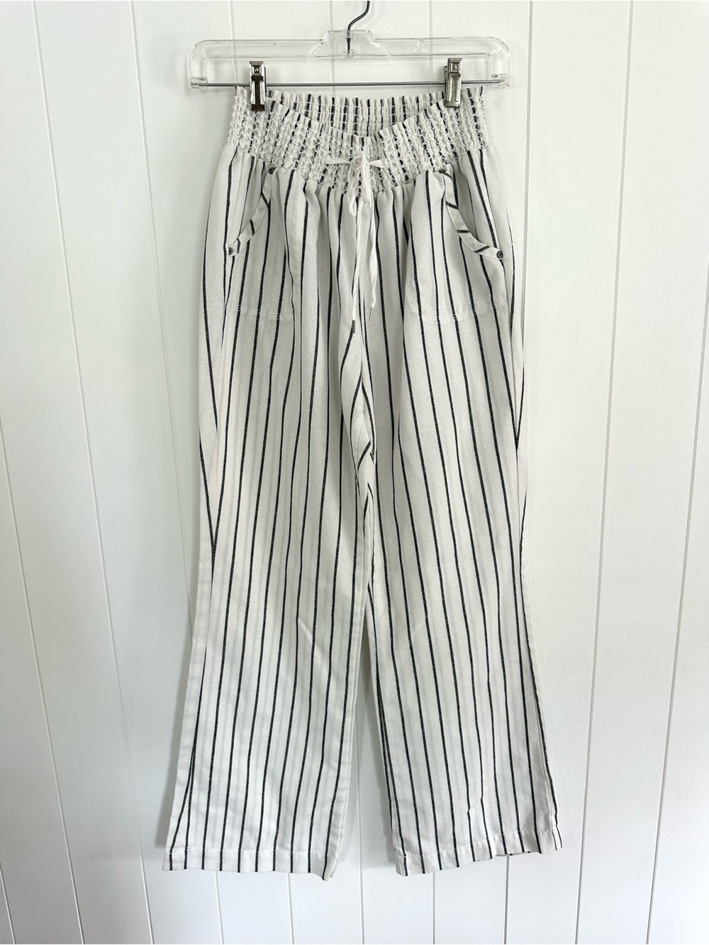 Ci Sono White Wide-Leg Drawstring Pants with Black Pinstripes, (few stains)